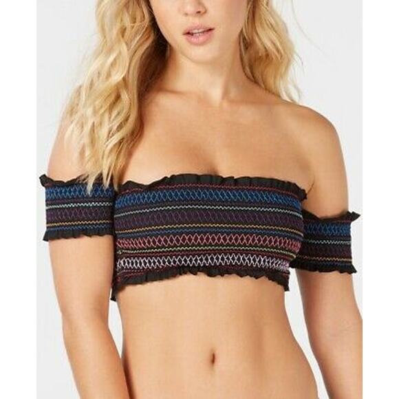Bar III Smocked Rainbow Black Crop Top Swim Bikini Top NEW XS - Picture 1 of 2